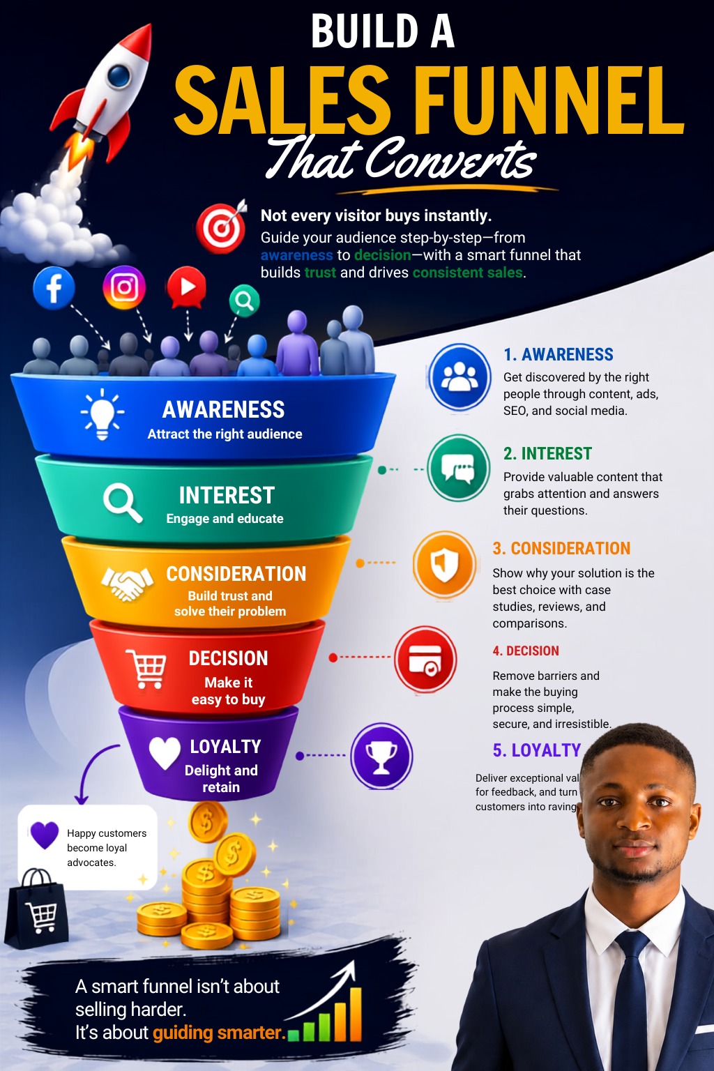 Sales funnel infographic explaining awareness, interest, consideration, decision and loyalty