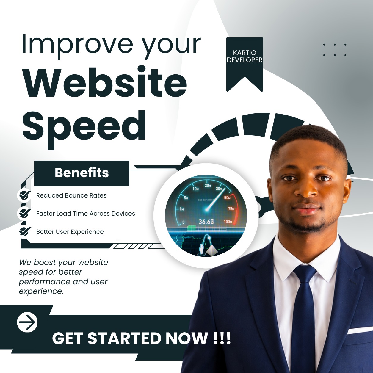 Website speed optimization promotional graphic for Kartio Developer